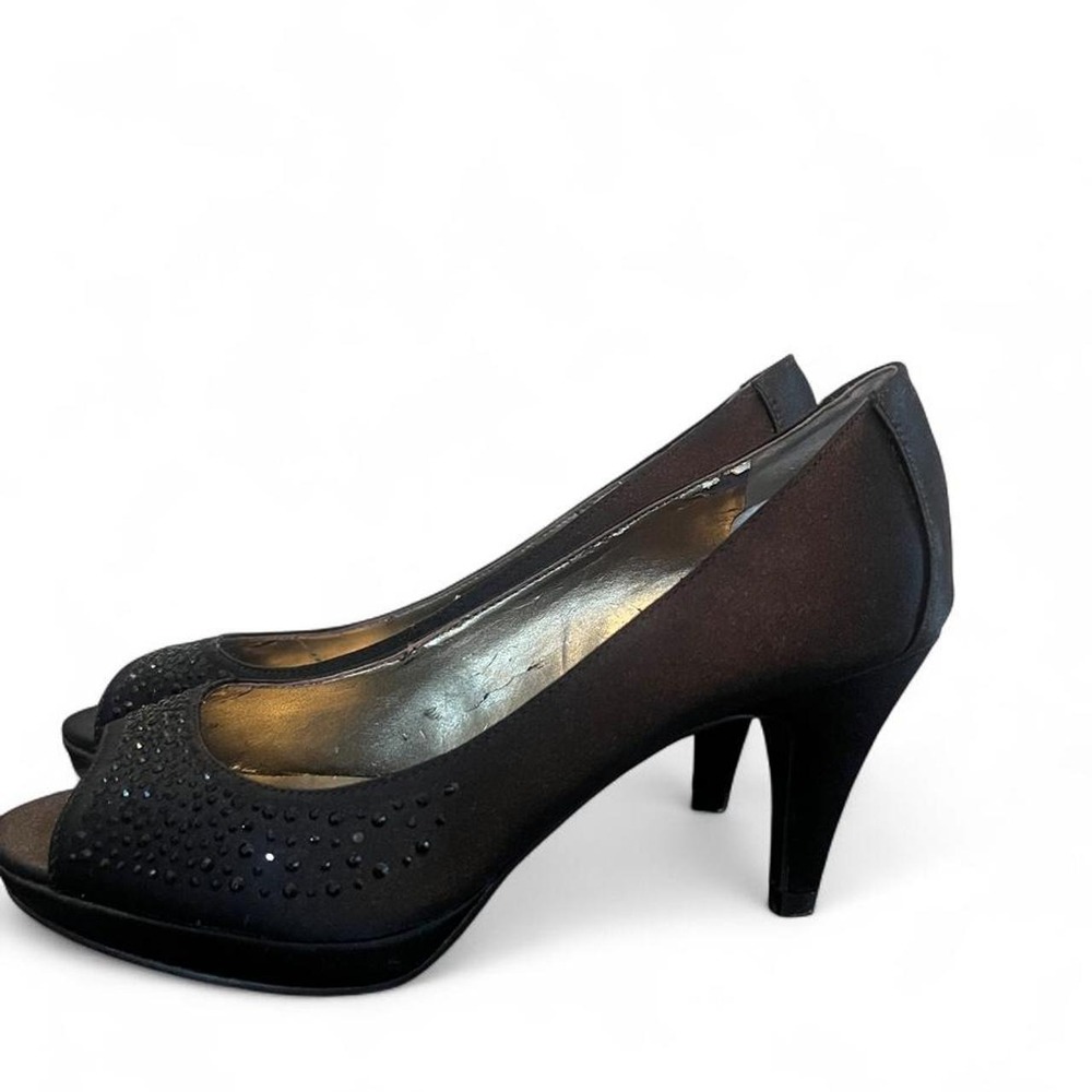 Black peep toe heels with rhinestone embellishments Elegant